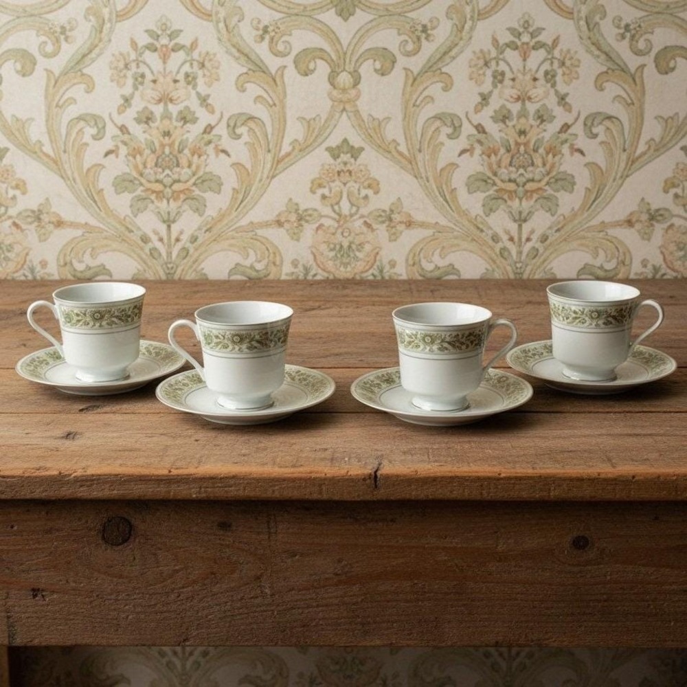 Fine China Of Japan Florence Teacups & Saucers, Eight Piece Set Floral Porcelain